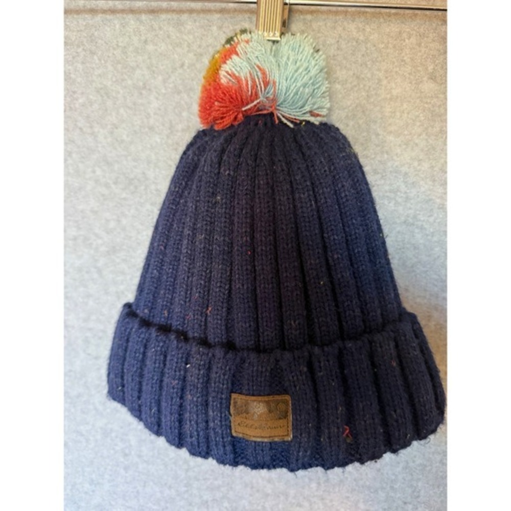 Eddie Bauer Blue Knit Beanie Hat Lined Pom Pom Logo One Size Unisex